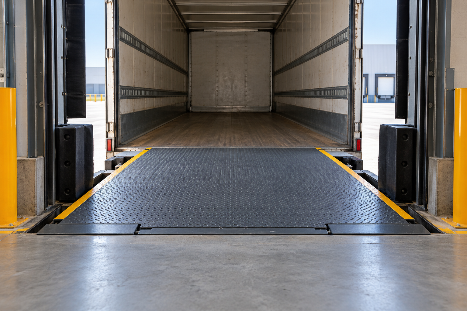 Livellatrice da banchina collegata al piano di carico di un camion