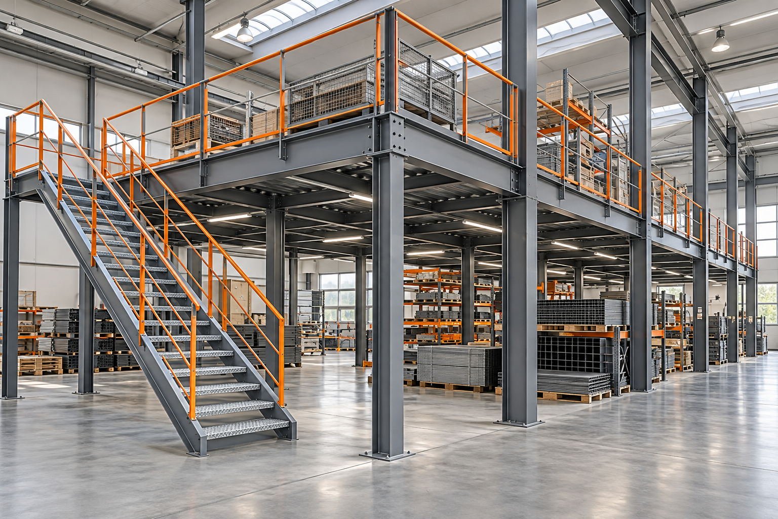 Soppalco metallico industriale con scala e parapetti